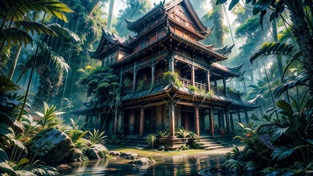 anime aestetics, anime scenery, daytime, rainforest, jungle, stone temple in the jungle, civered in moss, wines everywhere, downpour, strong, rain, mystic atmosphere, ancient structure, ttall tress, jungle plants, huge leavesm, beautifl big red jungle flowers, predator plants, perspective, atmospheric perspective, wide shot, highres, 4K, 8k, award winning, super detail, masterpiece