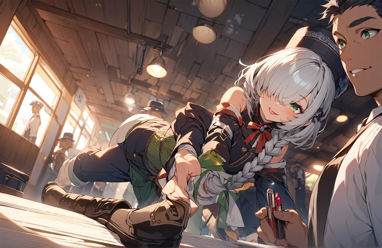 BREAK Perfect Anatomy、(High resolution:1.2)、Incredible illustrations、(Cute illustrations:1.2)、()(cinematic angle,ceiling,solo focus,) （Beautiful background)(costume setup materials)  1girl(a (male focus,tom girl), 1.7meters, 45kg,,dark skin:2.5 ,green eyes,silver hair,hair over one eye,long french braid,lipstick:1.2)(light smile) (tyrolean hat,dark rail road man's coat,Vest jacket with lines,high slit long tight skirt,workman's boots)　Conductor checking tickets inside the train