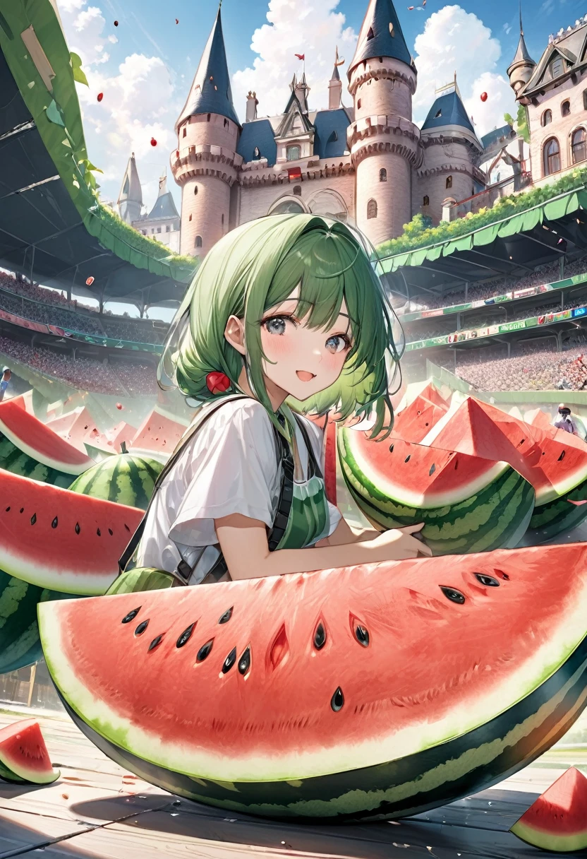 panoramic, (A baseball stadium-sized watermelon Falling into the castle), background castle town, BREAK, masterpiece, best quality, 16k, beautiful detailed watermelon, daydreaming expression.