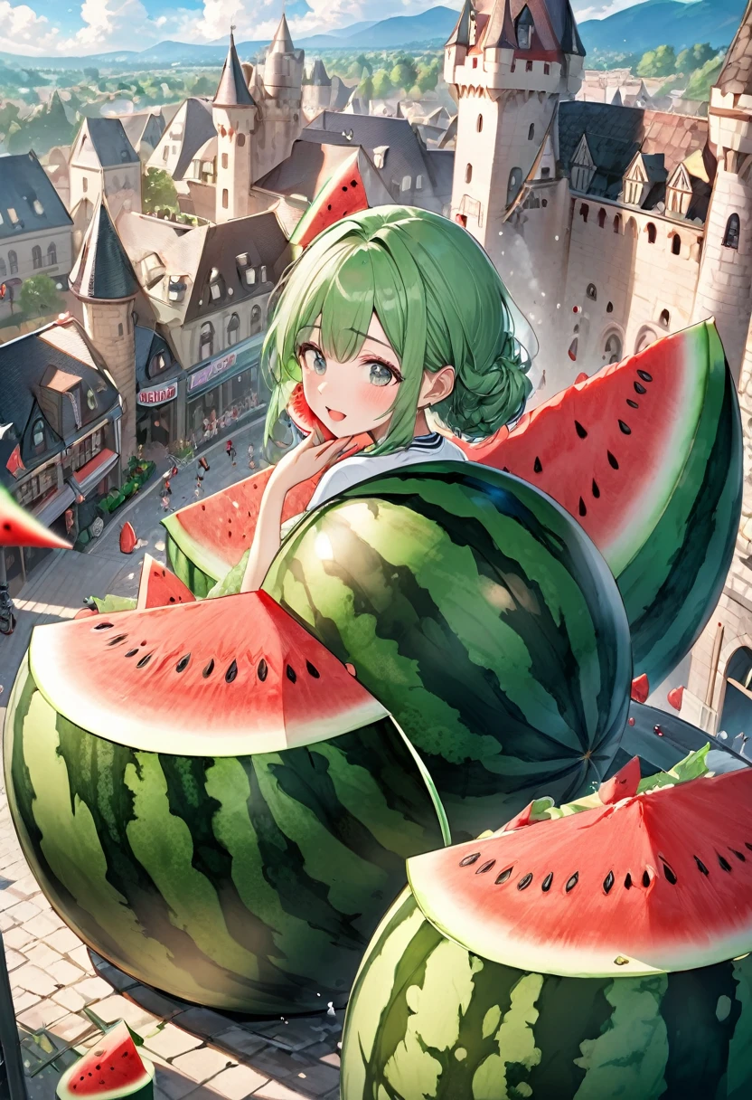panoramic, (A baseball stadium-sized watermelon Falling into the castle), background castle town, BREAK, masterpiece, best quality, 16k, beautiful detailed watermelon, daydreaming expression.