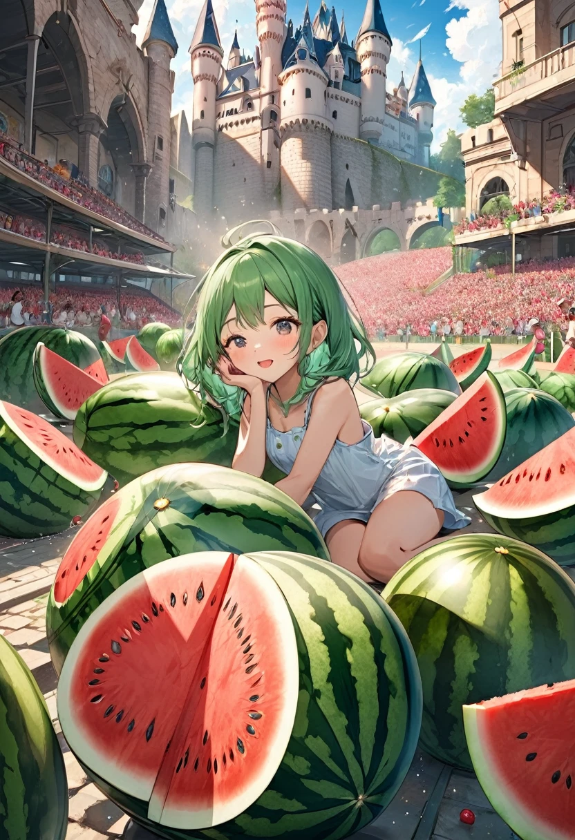 panoramic, (A baseball stadium-sized watermelon Falling into the castle), background castle town, BREAK, masterpiece, best quality, 16k, beautiful detailed watermelon, daydreaming expression.