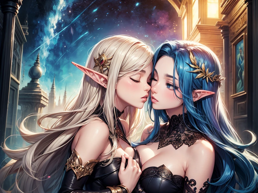 ((Meisterwerk, high quality, artgerm, artstation, vibrant colors, elven woman, eyes closed)), intricate ultra detailliert, vibrant color, hohe Details, a painting of two women in dresses kiss each other, lesbische Kunst, Magali Villeneuve und Monet, LGBT-Kunst, inspired von Magali Villeneuve, magali villeneuve', detaillierte Fantasy-Kunst, lesbische Umarmung, Kunst im Fantasy-Stil, beautiful fantasy art, kiss together cutely, Sapphische Kunst, lesbischer Kuss, von Magali Villeneuve, kiss each other, kiss together
