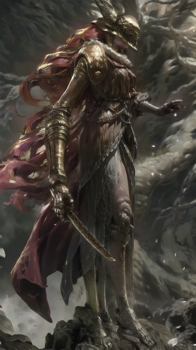 1 girl, ultra sharp image, beautiful figure, beautiful, full length (full body 1.1.), big tree in the background, slender legs, buttocks, slender legs, Wasp waist, sexy, fighting pose, fighting stance, only,helmet,light-skinned Женский, One, long curved sword in hand