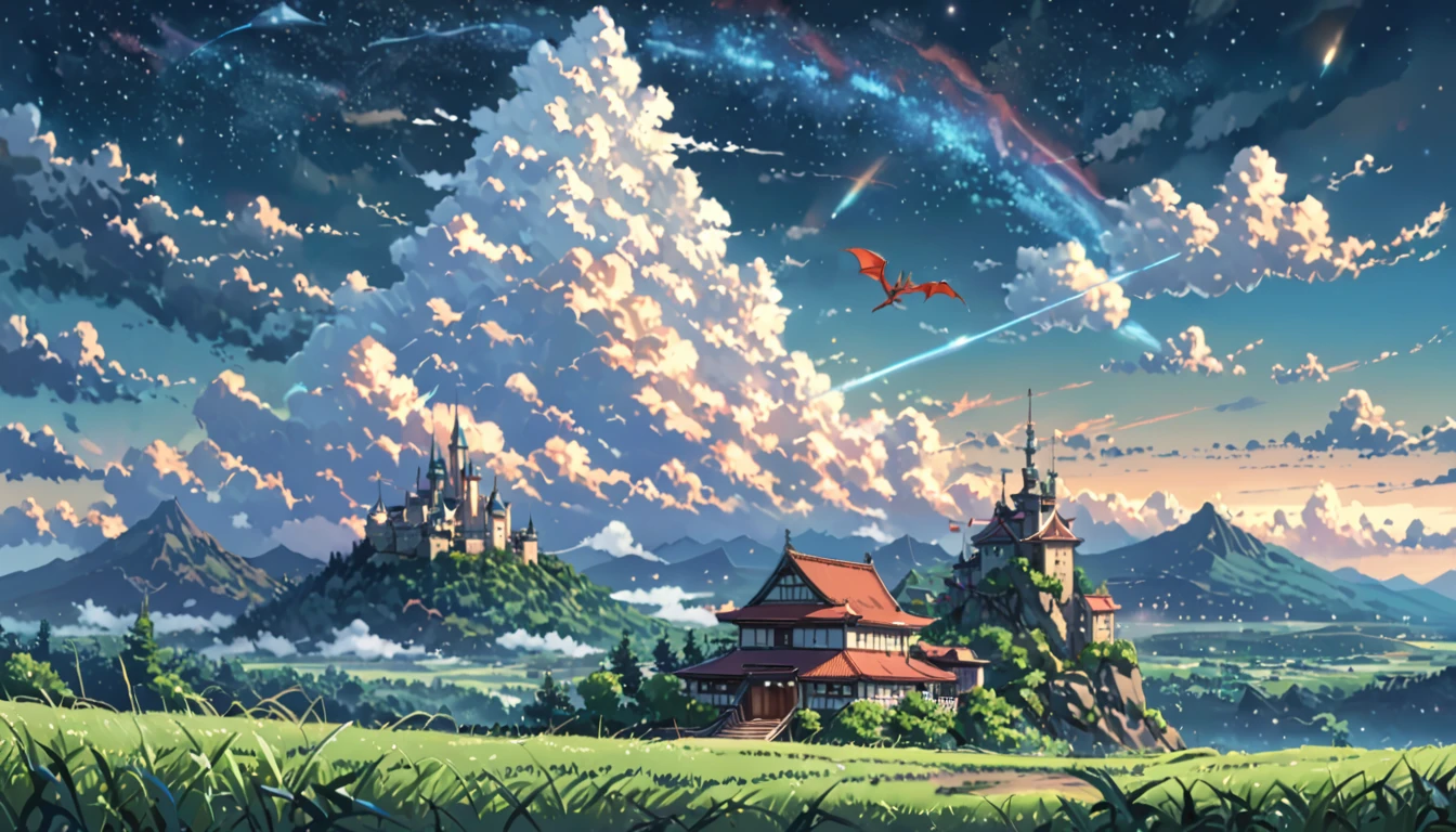 ((Anime: 1.4, Illustration)), (Masterpiece, Top Quality, Best Quality), (Ultra-Detailed, Absolutely Resolution), ((16k, HIGH RES)), ((Dragon flying in the sky, starry sky, cumulonimbus clouds, light, vast land, castle visible in the distance), ( Anime: 1.4, Illustration)), (Masterpiece, Top Quality, Best Quality), (Ultra-Detailed, Absolutely Resolution). Ak {Lofi Art, Style of Laurie Greasley, Style of Makoto Shinkai, Anime Aesthetic}, BREAK {(Produces IMAGES WITH ITH INFORMATION THAN 40 Million Pixels with Cinematic-Like Detailed Textures S Hot on a Sony slur).}