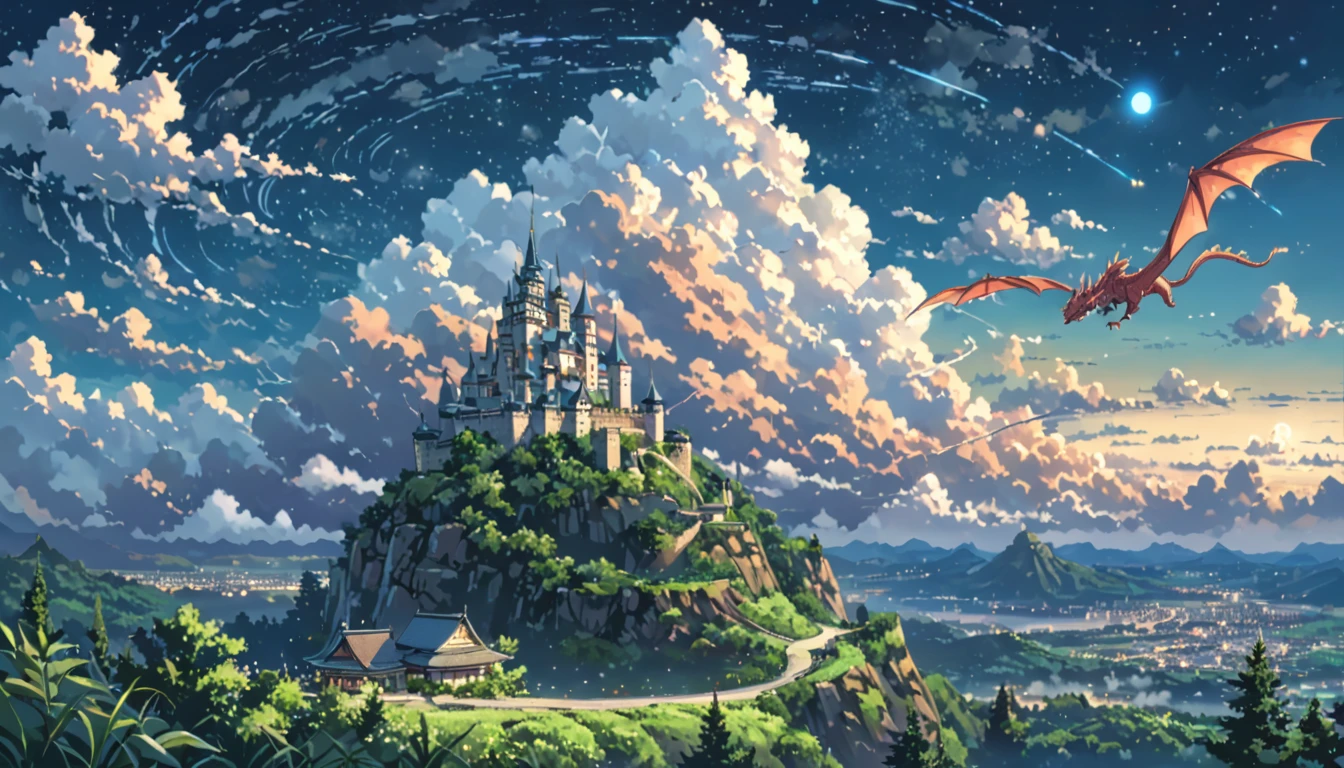 ((Anime: 1.4, Illustration)), (Masterpiece, Top Quality, Best Quality), (Ultra-Detailed, Absolutely Resolution), ((16k, HIGH RES)), ((Dragon flying in the sky, starry sky, cumulonimbus clouds, light, vast land, castle visible in the distance), ( Anime: 1.4, Illustration)), (Masterpiece, Top Quality, Best Quality), (Ultra-Detailed, Absolutely Resolution). Ak {Lofi Art, Style of Laurie Greasley, Style of Makoto Shinkai, Anime Aesthetic}, BREAK {(Produces IMAGES WITH ITH INFORMATION THAN 40 Million Pixels with Cinematic-Like Detailed Textures S Hot on a Sony slur).}