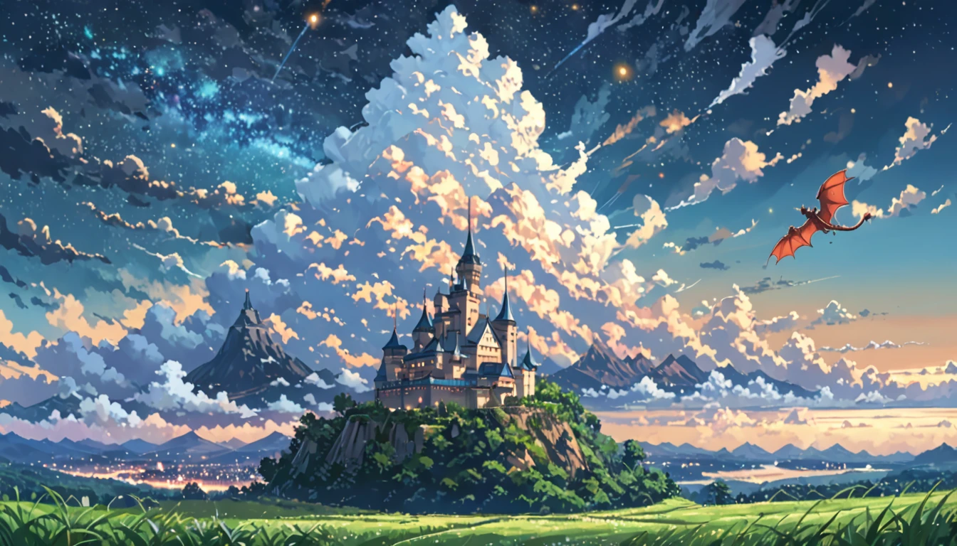 ((Anime: 1.4, Illustration)), (Masterpiece, Top Quality, Best Quality), (Ultra-Detailed, Absolutely Resolution), ((16k, HIGH RES)), ((Dragon flying in the sky, starry sky, cumulonimbus clouds, light, vast land, castle visible in the distance), ( Anime: 1.4, Illustration)), (Masterpiece, Top Quality, Best Quality), (Ultra-Detailed, Absolutely Resolution). Ak {Lofi Art, Style of Laurie Greasley, Style of Makoto Shinkai, Anime Aesthetic}, BREAK {(Produces IMAGES WITH ITH INFORMATION THAN 40 Million Pixels with Cinematic-Like Detailed Textures S Hot on a Sony slur).}