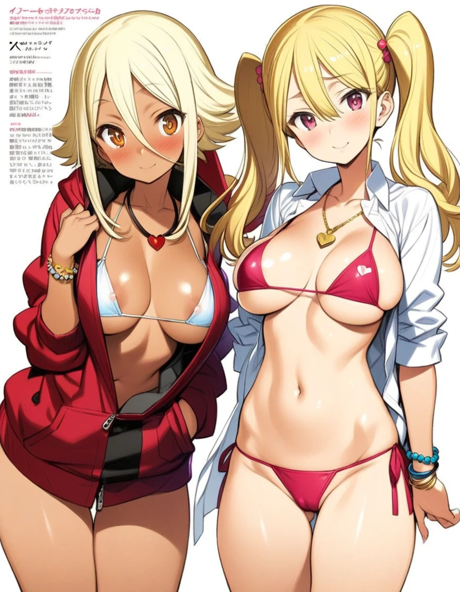 hotate-chan, lockheart, oyari ashito, 1girl, official art, gyaru, blond hair, twintail, large breast, shiny skin, groin, bikini, open shirt, side tie, necklace, bracelet, standing, contrapposto, tilt head, smile, naughty, mesugaki, blush, vulgarity, white background, simple background, peace sign, netorare, nsfw