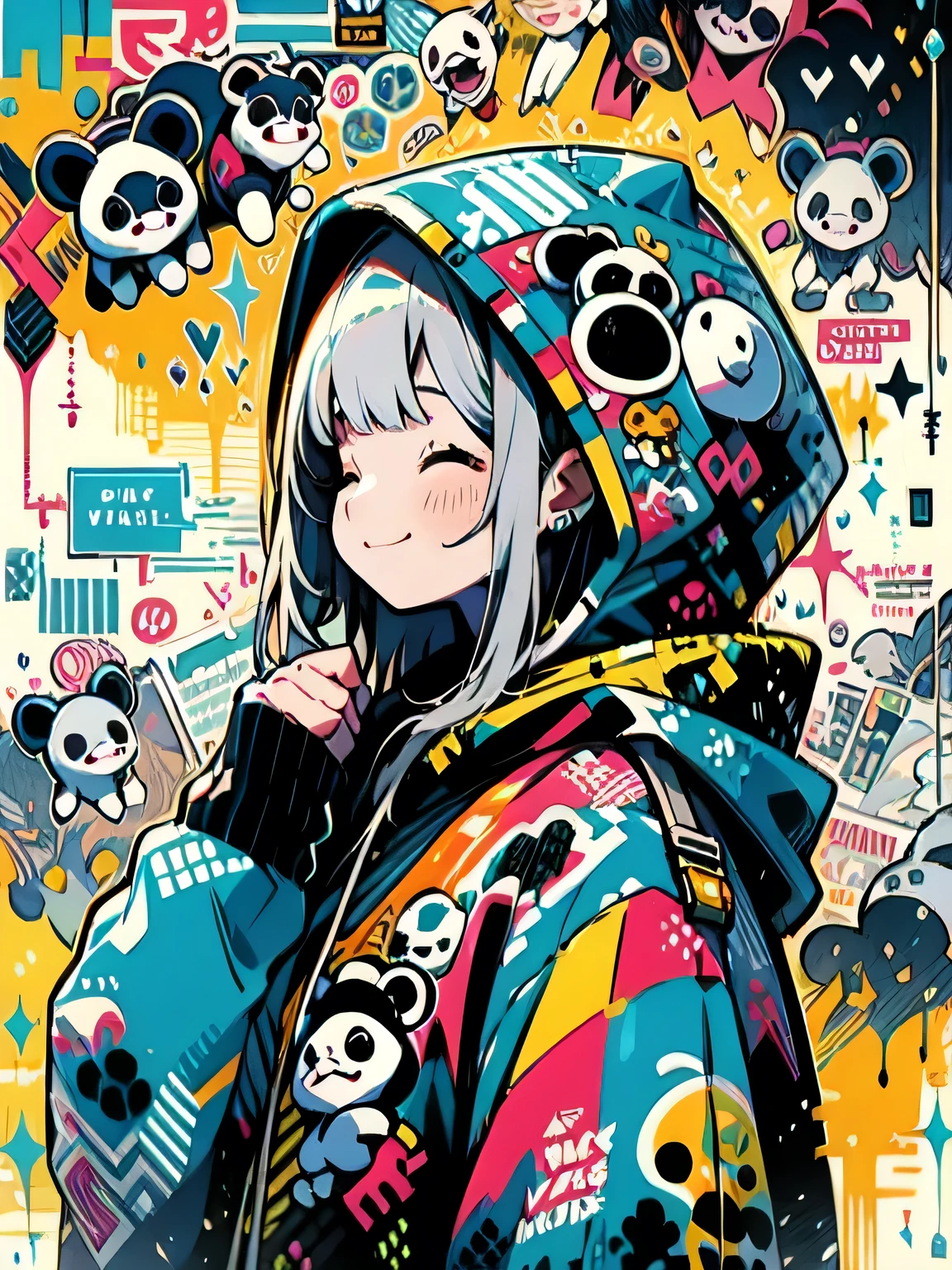 sideview,solo,upperbody,(blunt bangs),closed eyes smile,purple panda hoodie,happy punch action,grin,underfull graffiti,