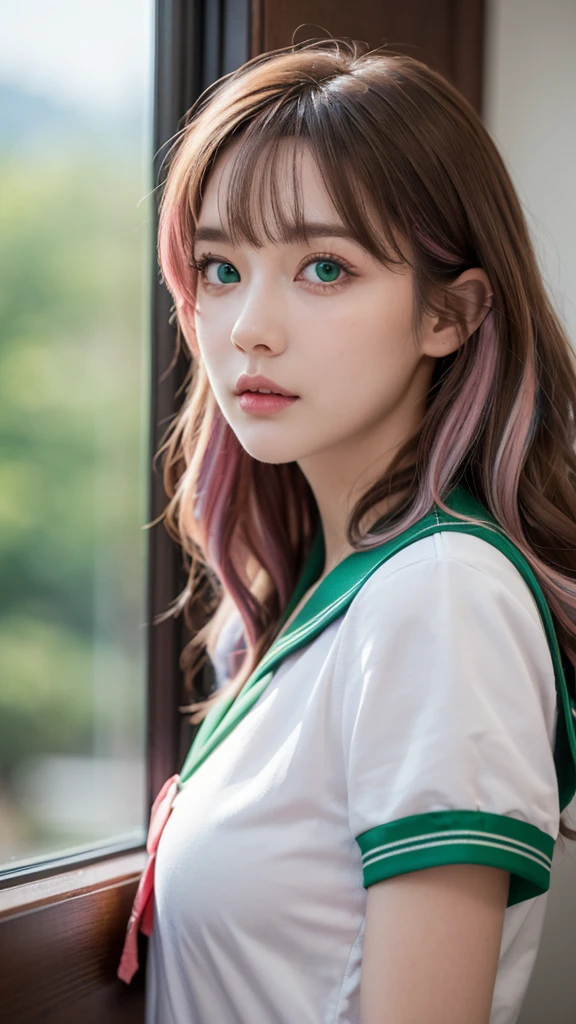 {{{{masterpiece}}}},{{{emaiti}}}, {{{Super detailed}}}, {{{high resolution}}}, {{good anatomy}}, (((best quality))),((emerald and green eyes,brown hair)),{{Extremely detailed and refined}}, {4k CG wallpaper}, {{illustration}}, ((pearl pink hair,JK)),((looking out a window,in school)),(((face portrait,detailed face,bigger eyeballs,standing,bust,standing))),(curly hair|long hair|Detailed hair|blunt bangs|shiny hair),(((serafuku,sailor shirt))),{{{emotionless face,mature}}},(lesbian,JK,1 woman:1),(small breasts),masterlighting,standing on the edge of mountain,((The details are complex、Shallow depth of field、movie lighting、Reflectors、a Canon EOS R5、50mm lens、f / 2.8、shot at 8k resolution))