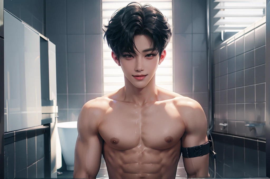 naked boy, shows his body full of semen in the bathroom with perfect body, with many tattoos, shaped body, sexy look, beautiful smile with braces, Jimin in BTS
