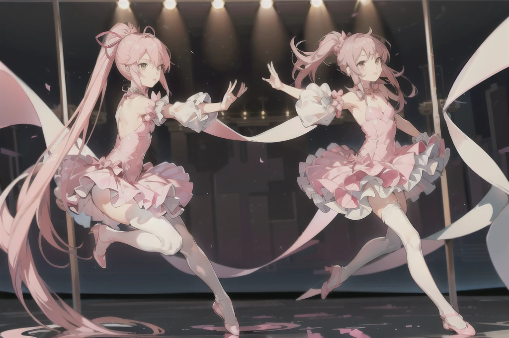 ,(masterpiece:1.2, high quality), (Pixiv:1.4),anmi,Pink Hair,
One girl, ballerina, ballet slippers, alone, pantyhose, ballet, cold, white pantyhose, ponytail, chest, View your viewers, White Background, leotard, Bare shoulders, Simple Background, Brown eyes, pink leotard, Long Hair, Side Lock, Are standing, medium chest, bangs, dress, Are standing on one leg, Lift your legs, reflection, athletic leotard, choker, Hair Ribbon, Pink footwear, pink dress, pink pantyhose, From the side, Pink ribbon
