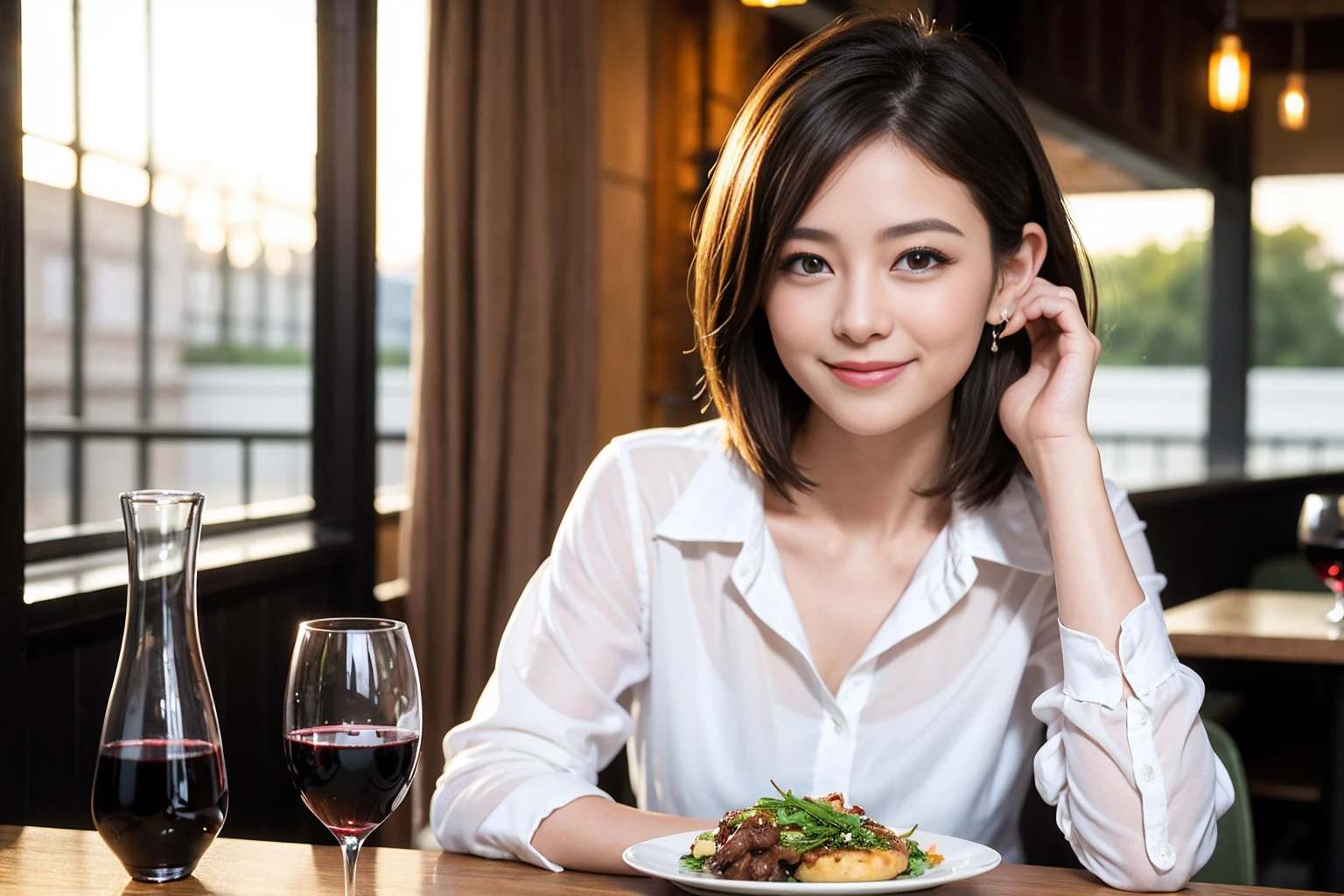 ((Highest quality、8K、masterpiece:1.3))、Yuuko Araki、slimカップル、ピンクmodelカップル、(Realistic, Intricate details:1.2), full-course dinner、Wine Party、Amazing view of the sunset sky and clouds、A bright smile、The wonderfulness of smile、Bright image、The beauty of wine, Beautiful Face, blue eyes, The light shines on your face, Blushing, short hair,Bright Face、42 years old,40 years old, red wine 、Appetizers、Italian food、Wine bottle、Champagne、sparkling wine、Two beauties、Brown Hair、Shortcuts、Long sleeve shirt、dress、Beautiful woman 1, (slimな顔), (The body is slim), (Brown Hair), (Shortcuts), cheeks turn a little red,Attractive beauty、restaurant, In a prominent place (From the waist up) Nova Frog Style, actress, model, Upper Body, White wine, slim, wine glass, 中央に置かれたwine glass, smile, (smile: 1.15), Beautiful fine grain, Depth f/2,saturation, High Contrast, Strong light and shadow,Moist Body:1.5、3D texture、Delicate eyes、Brown Hair、The hair is very shiny、
