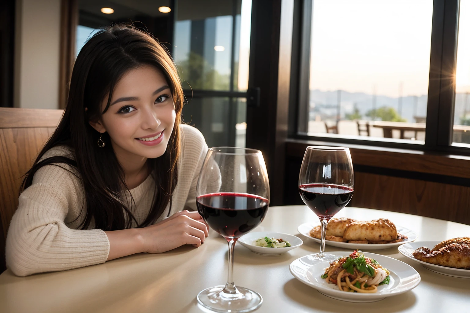 ((Highest quality、8K、masterpiece:1.3))、Yuuko Araki、slimカップル、ピンクmodelカップル、(Realistic, Intricate details:1.2), full-course dinner、Wine Party、Amazing view of the sunset sky and clouds、A bright smile、The wonderfulness of smile、Bright image、The beauty of wine, Beautiful Face, blue eyes, The light shines on your face, Blushing, short hair,Bright Face、42 years old,40 years old, red wine 、Appetizers、Italian food、Wine bottle、Champagne、sparkling wine、Two beauties、Brown Hair、Shortcuts、Long sleeve shirt、dress、Beautiful woman 1, (slimな顔), (The body is slim), (Brown Hair), (Shortcuts), cheeks turn a little red,Attractive beauty、restaurant, In a prominent place (From the waist up) Nova Frog Style, actress, model, Upper Body, White wine, slim, wine glass, 中央に置かれたwine glass, smile, (smile: 1.15), Beautiful fine grain, Depth f/2,saturation, High Contrast, Strong light and shadow,Moist Body:1.5、3D texture、Delicate eyes、Brown Hair、The hair is very shiny、