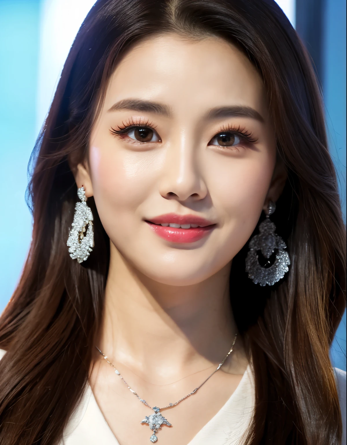 a close up of a woman wearing a necklace and earrings, popular south korean makeup, popular korean makeup, roseanne park of blackpink, tzuyu from twice, jinyoung shin, heonhwa choe, lalisa manobal, jossi of blackpink, lee ji - eun, lee ji-eun, park ji-min, jaeyeon nam, wan adorable korean face