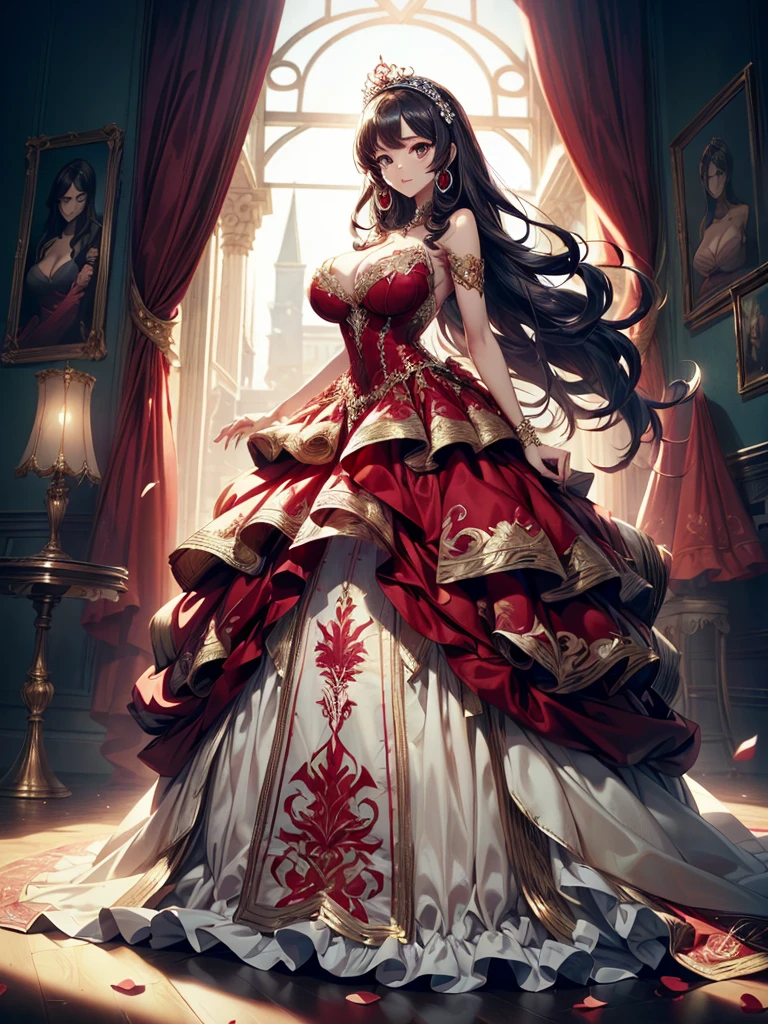 ((moe anime artstyle)),((Masterpiece)),(Best Quality), (Super Detail),((Very Delicate and Beautiful)),((Solo)),full body,(((full body))),((1 bling-bling cute princess in beautiful embroidery and jeweled gorgeous rococo ball gown with voluminous full-length hoop skirt)),(((absurdly gigantic tits))),((cleavage,curvy)),Skindentation,((detailed face and eyes)),jewel-like eyes,((crinoline,long train)),((standing in the royal palace)),((large amount of straight hair, absurdly long hair,Very Long Straight Hair)),extremely gorgeousfull hair ornament,(bling-bling extremely gorgeous jeweled tiara),luxurious jewelry,full body,((super detailed beautiful embroidery and jeweled gorgeous ball gown with voluminous full-length hoop skirt)) sultry look, seductive,