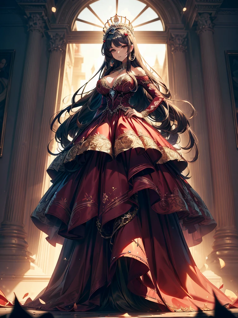 ((moe anime artstyle)),((Masterpiece)),(Best Quality), (Super Detail),((Very Delicate and Beautiful)),((Solo)),full body,(((full body))),((1 bling-bling cute princess in beautiful embroidery and jeweled gorgeous rococo ball gown with voluminous full-length hoop skirt)),(((absurdly gigantic tits))),((cleavage,curvy)),Skindentation,((detailed face and eyes)),jewel-like eyes,((crinoline,long train)),((standing in the royal palace)),((large amount of straight hair, absurdly long hair,Very Long Straight Hair)),extremely gorgeousfull hair ornament,(bling-bling extremely gorgeous jeweled tiara),luxurious jewelry,full body,((super detailed beautiful embroidery and jeweled gorgeous ball gown with voluminous full-length hoop skirt)) sultry look, seductive,