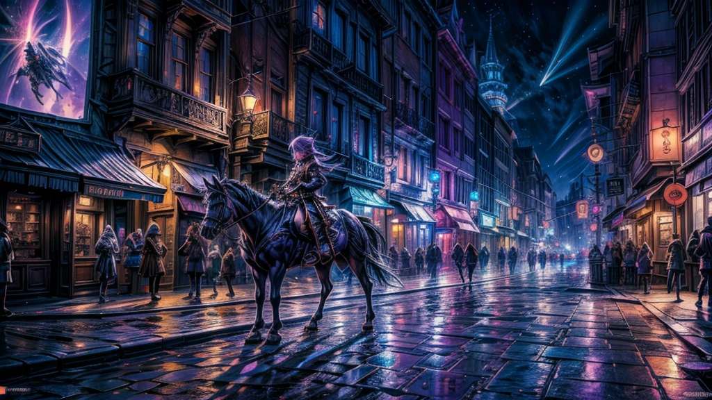 anime aestetics, anime scenery, night, city of magic, dalaran, world of warcraft, wow, purple and blue colors, vibrant colors, warm colors, busy streets, magic flying in the air, glowing particles in the air, castle made of purple crystals, stone roads, beautiful atmosphere, atmospheric perspective, perspective, wide shot, from above, 4K, highres, best quality, award winning, super detail, masterpiece