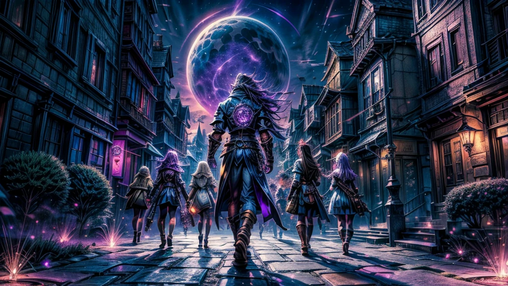 anime aestetics, anime scenery, night, city of magic, dalaran, world of warcraft, wow, purple and blue colors, vibrant colors, warm colors, busy streets, magic flying in the air, glowing particles in the air, castle made of purple crystals, stone roads, beautiful atmosphere, atmospheric perspective, perspective, wide shot, from above, 4K, highres, best quality, award winning, super detail, masterpiece