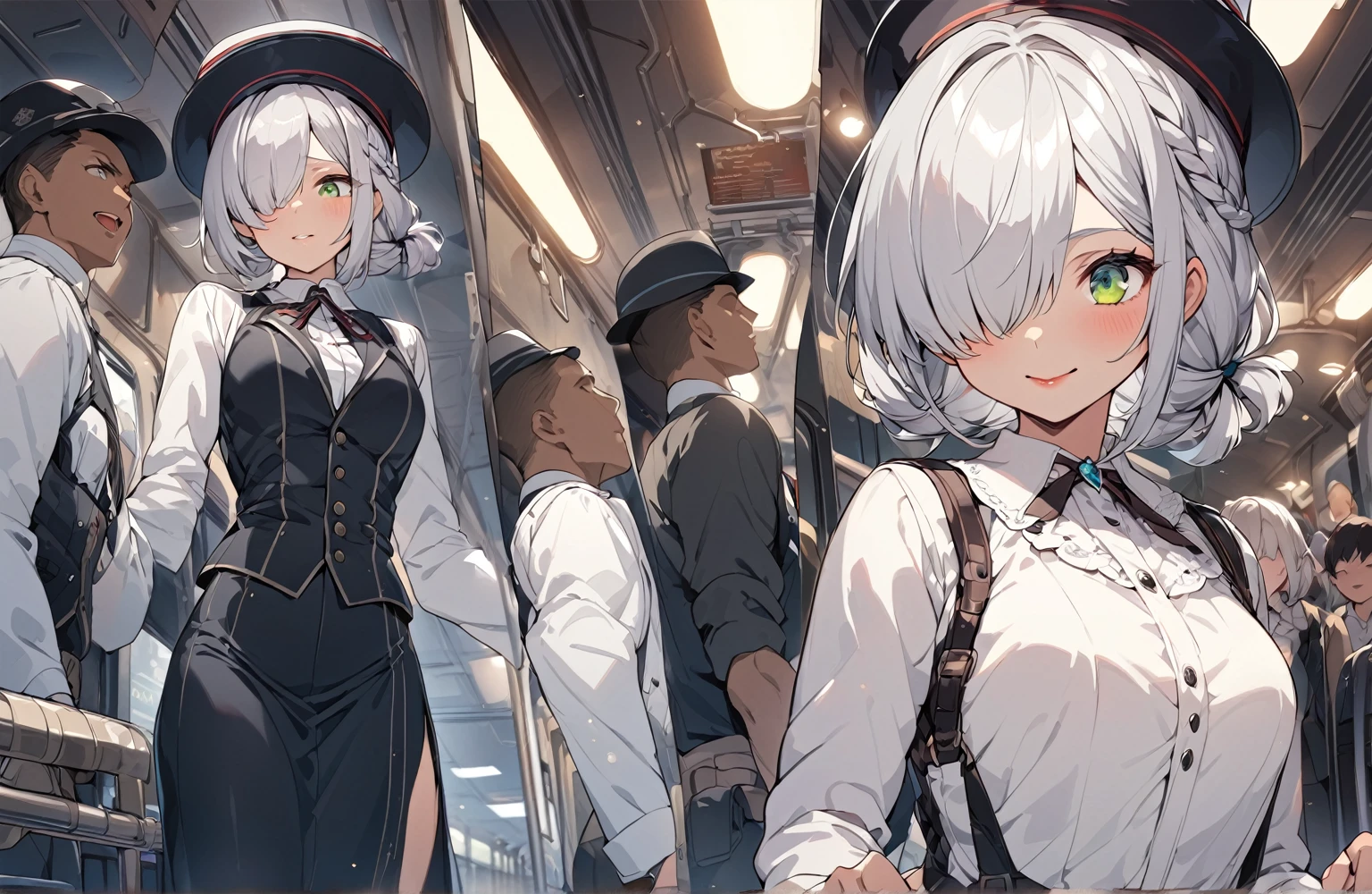 BREAK Perfect Anatomy、(High resolution:1.2)、Incredible illustrations、(Cute illustrations:1.2)、()(cinematic angle,ceiling,solo focus,) (Beautiful background)(three views from front , back and side) 1girl(a (male focus,tom girl), 1.7meters, 45kg,,dark skin:2.5 ,green eyes,silver hair,hair over one eye,long french braid,lipstick:1.2)(light smile) (tyrolean hat,dark rail road man's coat,Vest jacket with lines,high slit long tight skirt,workman's boots) Conductor checking tickets inside the train