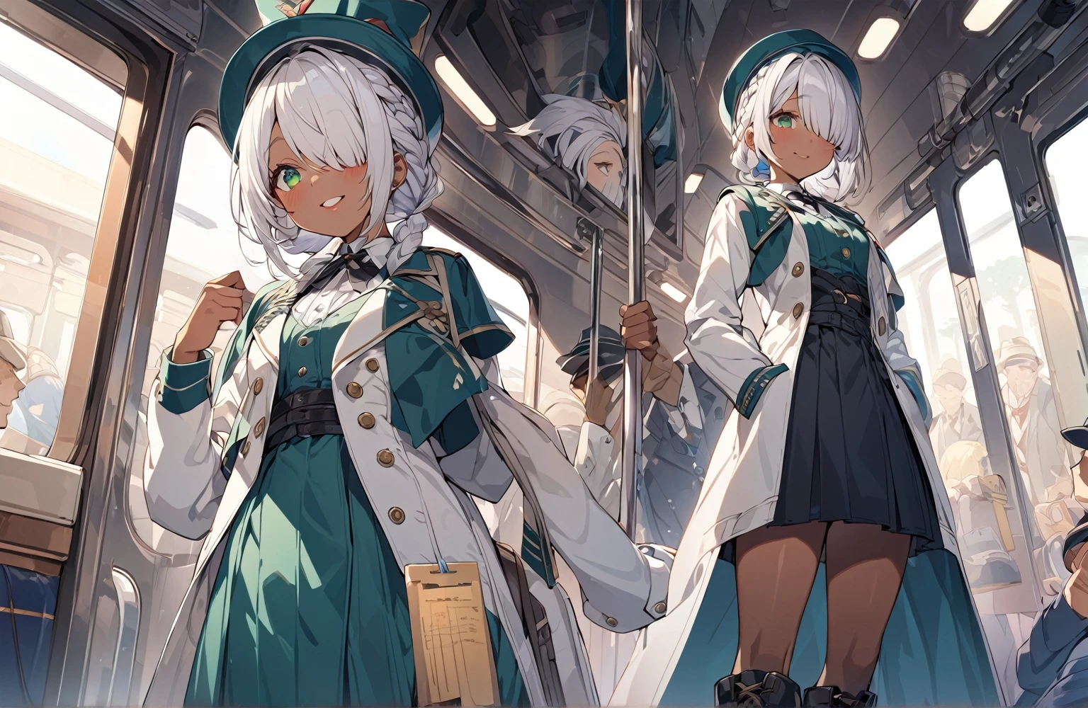 BREAK Perfect Anatomy、(High resolution:1.2)、Incredible illustrations、(Cute illustrations:1.2)、()(cinematic angle,ceiling,solo focus,) (Beautiful background)(three views from front , back and side) 1girl(a (male focus,tom girl), 1.7meters, 45kg,,dark skin:2.5 ,green eyes,silver hair,hair over one eye,long french braid,lipstick:1.2)(light smile) (tyrolean hat,dark rail road man's coat,Vest jacket with lines,high slit long tight skirt,workman's boots) Conductor checking tickets inside the train