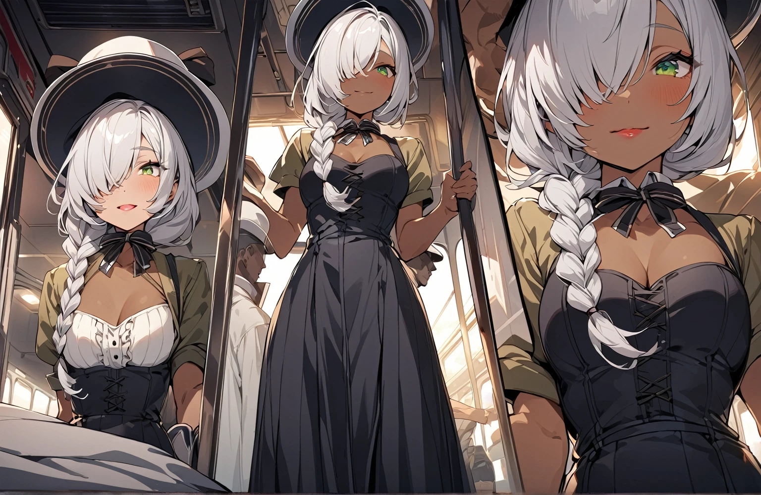 BREAK Perfect Anatomy、(High resolution:1.2)、Incredible illustrations、(Cute illustrations:1.2)、()(cinematic angle,ceiling,solo focus,) (Beautiful background)(three views from front , back and side) 1girl(a (male focus,tom girl), 1.7meters, 45kg,,dark skin:2.5 ,green eyes,silver hair,hair over one eye,long french braid,lipstick:1.2)(light smile) (tyrolean hat,dark rail road man's coat,Vest jacket with lines,high slit long tight skirt,workman's boots) Conductor checking tickets inside the train