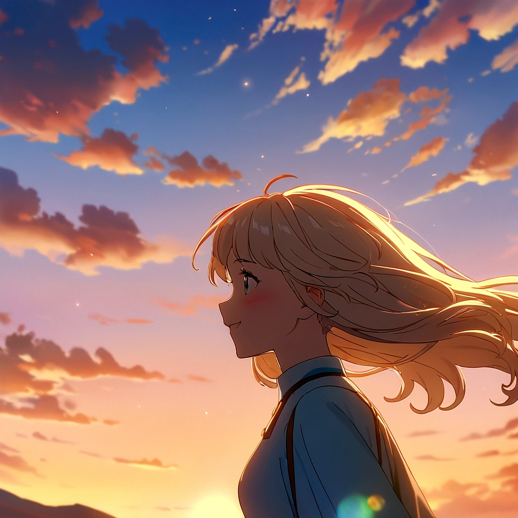 masterpiece, best quality, movie still, 1girl, cloud girl, floating in the sky, close-up, bright, happy, warm soft lighting, sunset, (sparks:0.7),Dhalora200