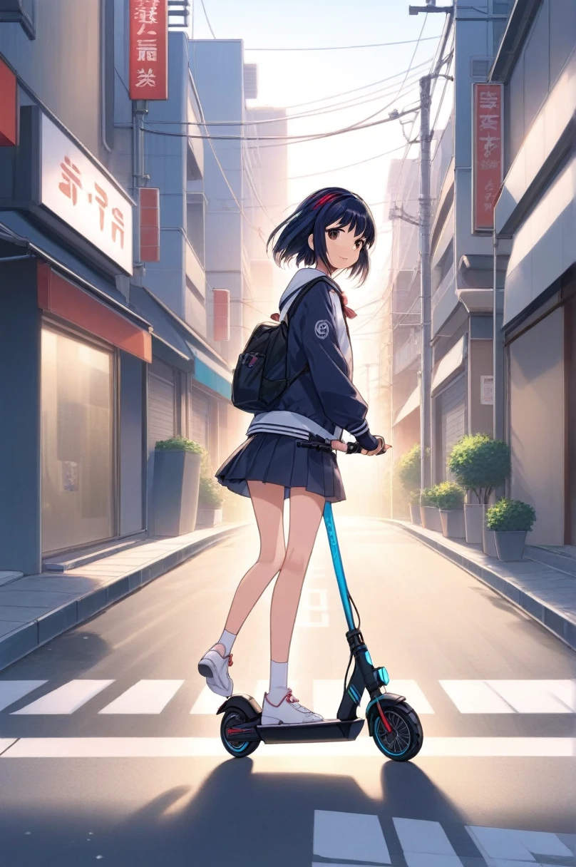 Anime artwork 2D, One girl, electric scooter, Are standing, Motion Lines, road, Riding a electric scooter down the street . Anime Style, Key Visual, Near future, Studio Anime,  Very detailed