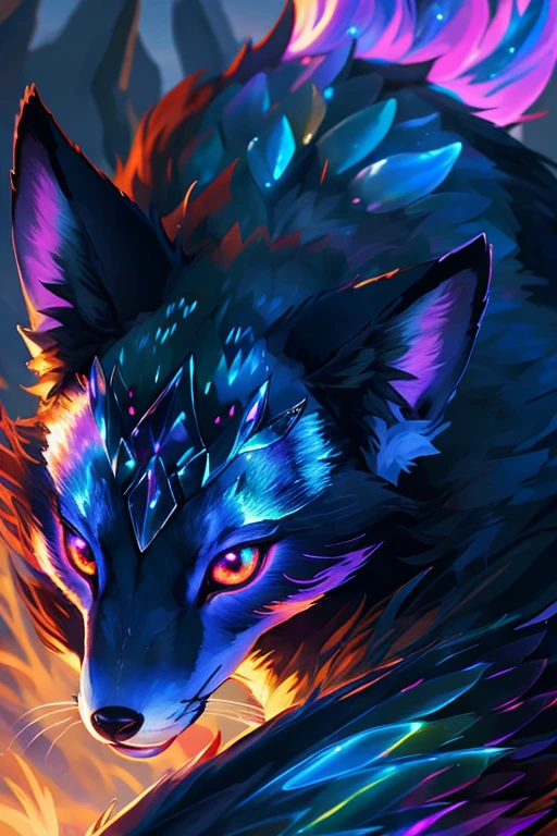 ((best quality)), ((masterpiece)), (detailed), （（glowing fox））。fox glow(Crystal rose), mythical fox spirit, shiny iridescent scales, shiny purple crystal fur, glowing eyes, high quality, highres, ultra-detailed, 