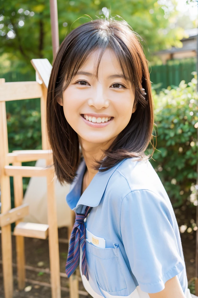 ((Highest quality)), ((masterpiece)), (detailed), Japanese, 40 years old, Beauty, front,Diagonal orientation、smile, Nagoya, Single Mother,Natural Photography,nursery school, peace sign