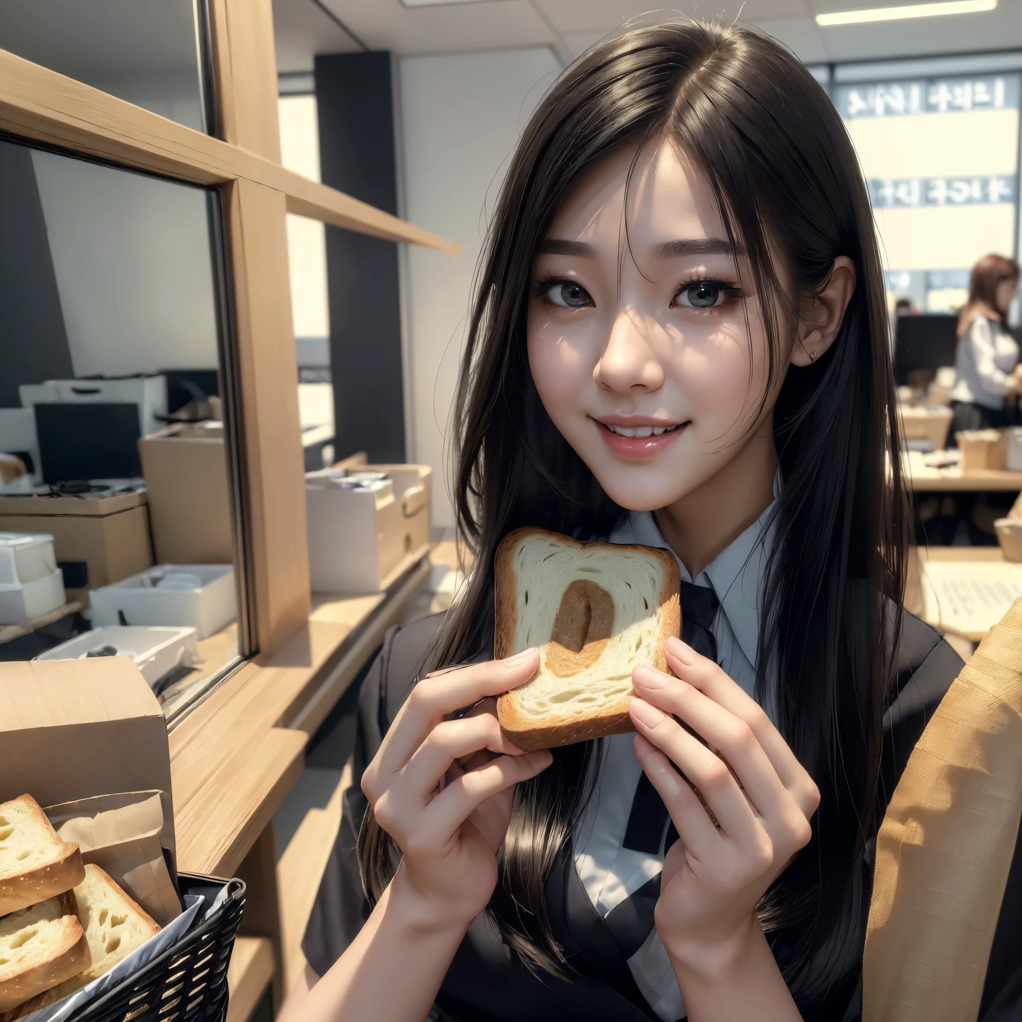 (best quality, masterpiece:1.5), (ultra-detailed, realistic:1.37),4K,(girls:1.5),korean,cute,beautiful,(office uniform:1.3),(miniskirt),(black pantyhose:1.2).,smile,(eating plain bread)