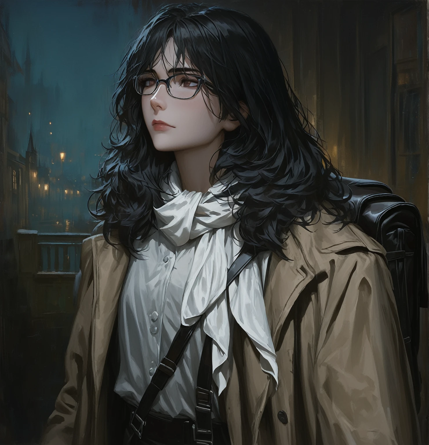 ((adult)), (woman), ((tall)), ((Ryoshu from Limbus company)) , masterpiece, best quality, dark aura, 
 ((short black hair)), glasses, plain white shirt, brown coat, black pants, white kerchief with black marks around neck, carrying a robust leather bagpack, (faint smile), realistic anime style, (oil painting), dark old manor background, night, impasto.
