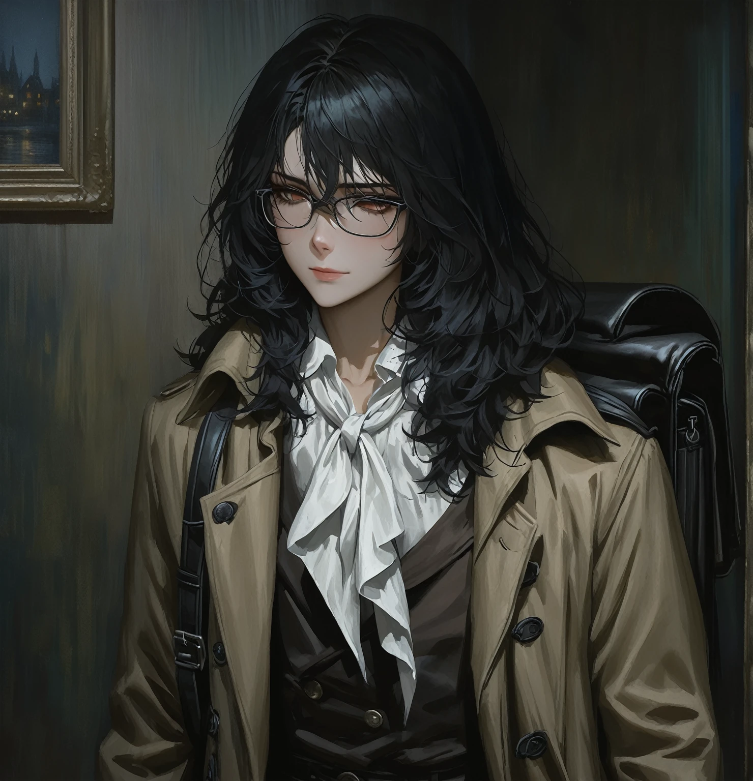 ((adult)), (woman), ((tall)), ((Ryoshu from Limbus company)) , masterpiece, best quality, dark aura, 
 ((short black hair)), glasses, plain white shirt, brown coat, black pants, white kerchief with black marks around neck, carrying a robust leather bagpack, (faint smile), realistic anime style, (oil painting), dark old manor background, night, impasto.
