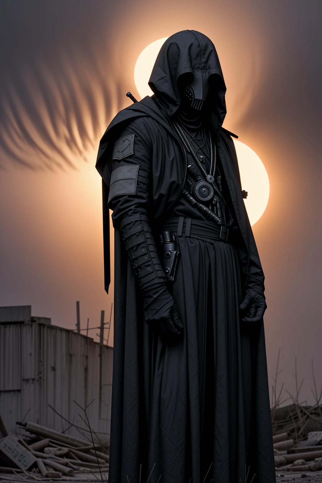 a man wearing modern military grade armor, gear belt full of gun magazines, a tattered hood over his head, wearing a plague doctor mask, a futuristic and hastily repaired semi-automatic rifle strapped over his back, a regular built body, wearing a messy black cloak, bandage wraps around his arms, side profile, hyper-realistic, sunset, very detailed plague doctor mask over his face, standing amidst a sunset, cinematic side view, sunset in the background, post apocalypse, is a burn victim, wearing a scav outfit from escape from tarkov, survivor, scavenger