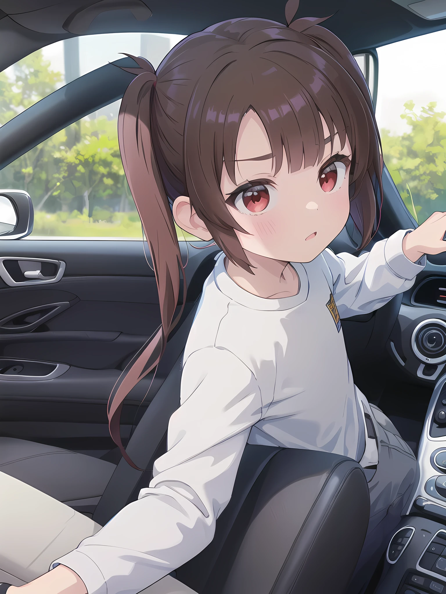 In the car,convertible,Sitting,((Behind the wheel of a car)),Looking Ahead,driving,1 Girl, solo, Red eyes,sunglasses,, Twin tails, brown hair,crawling,((顔 focus)),upper body,White long sleeve shirt,Grey slacks, bangs, eyebrows visible through hair, Flat Chest,