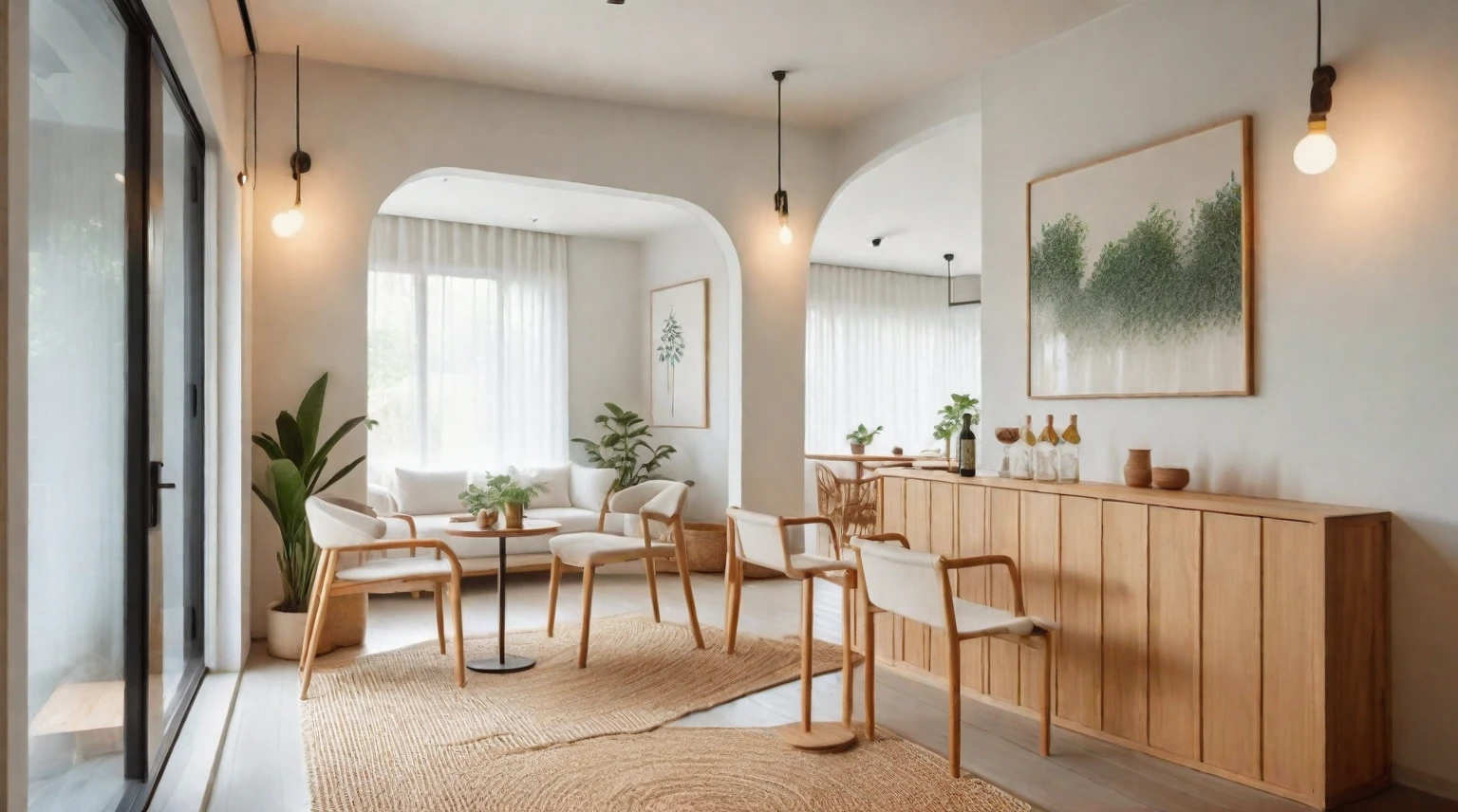 Minimalist Muji-style cafe-bar in living room, cafe-bar furniture, door on the left, interior house on the right, neutral color palette, natural materials, soft lighting, low-profile white couch, wooden chair, natural wood coffee table, indoor plants, minimalist wall art, woven rug, natural light, tranquility, functionality, harmonious blend,
The scene is enhanced by a shallow depth of field, with the focus on the detailed table setting and a bokeh background, creating a serene and sophisticated ambiance. ((8k)), high quality detail, cozy and elegant environment, artistic and inviting.
depth of field camera, 50mm, ((8k)), high quality detail, soothing and elegant ambiance. , ((8k)), ((UHD)), 8k, high quality detail, realistic photo, luxurious, beautiful, modern, soothing, cozy, peaceful, cottagecore