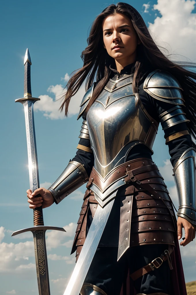Strong woman wearing long hair armor holding sword in the sky