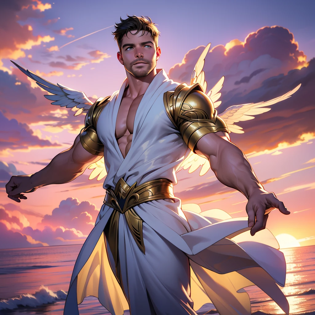 32k,masterpiece, best quality, detailed face, natural eyes,1man, solo mature man, muscled and mature, stephen amell as an angel , wearing a see thru transparent robe with golden embroidery , wearing 2 very big angel's wings , showing muscles ,floating and flying in the sky with clouds ,  full body, intricate Detailed background at sunset