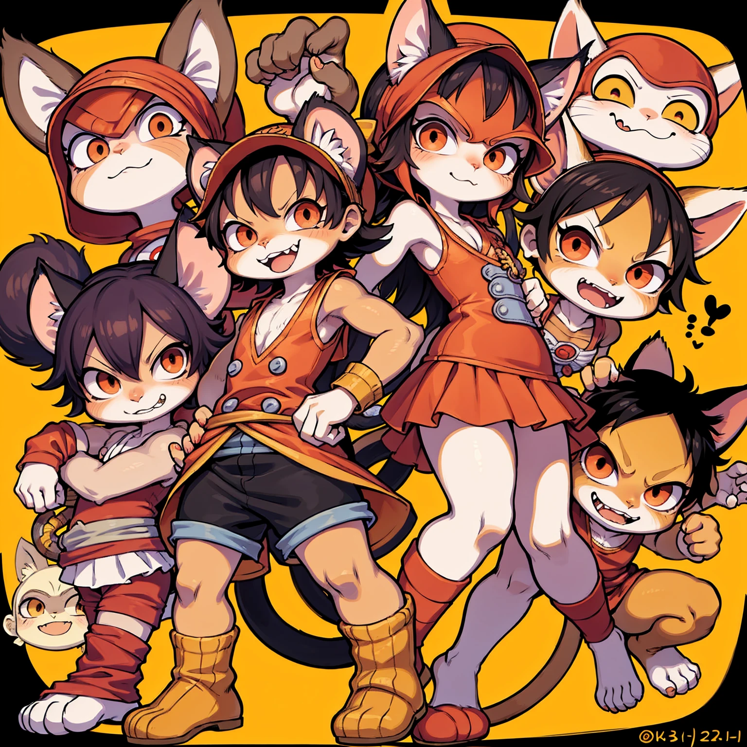 one cat warrior character, cat ears, furry, (full body:1.2) , chibi, advanced digital chibi art, g liulian art style, maplestory mouse, bian lian, chibi art, league of legends art style, character art of maple story, ((view at the viewer)), (((luffy costume, one piece monkey d luffy)))