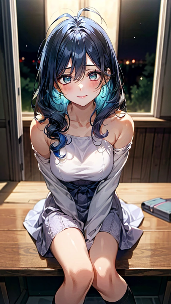 (masterpiece:1.3, Top quality, Ultra-high resolution, Extremely detailed), (Practical, photoPractical:1.4), Nice illustration, Perfect lighting, Natural Lighting, rich and colorful, Depth of Field, ,
Beautiful and fine hair, Beautiful and delicate face, Beautiful and delicate eyes, Beautiful clavicle, Beautiful Body, Beautiful breasts, Beautiful thighs, Beautiful legs, Beautiful fingers,
Looking at the audience, 1 girl, Japanese, high School girl, (Perfect anatomical structure, Anatomically correct), Cute and symmetrical face, baby face, Perfect face, Perfect eyes, Glowing skin, slim,
(Long hair:1.7, curls:0.8, Blue Hair), Antenna hair, Hair between the eyes, Emerald eyes, Long eyelashes, (Large Breasts:0.8, Attractive thighs),
((Long-sleeved light purple knitted dress, Black tube top)),
(Beautiful scenery), summer, night, (School), (Lovely smile, Upper Eye),