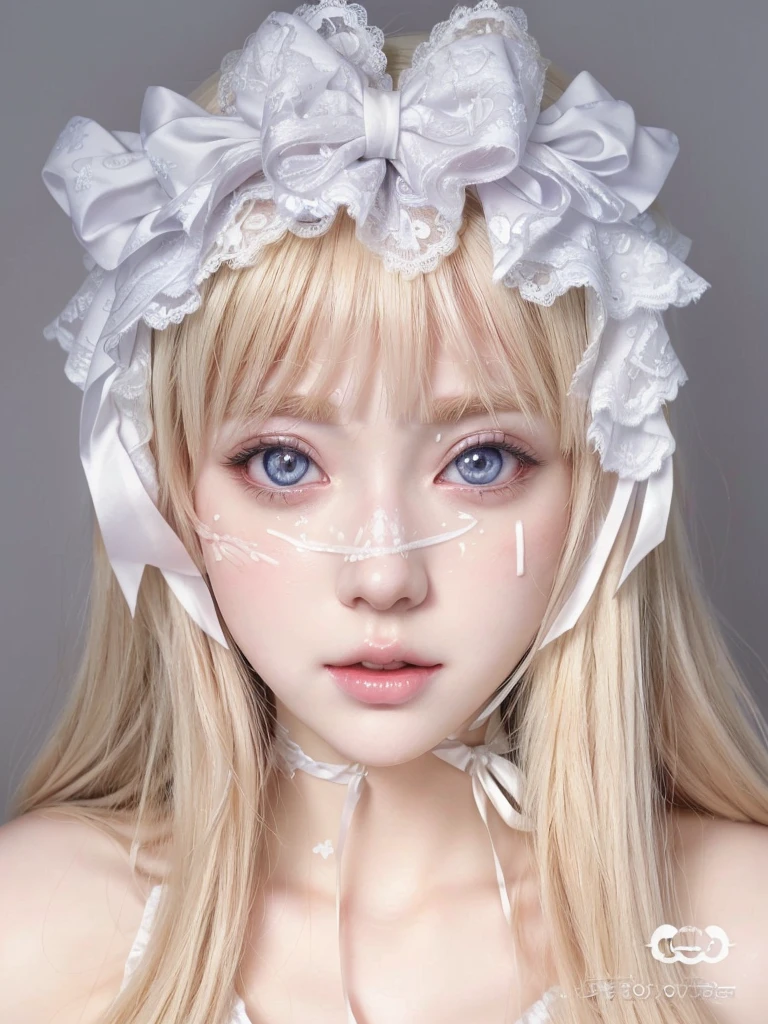 blonde girl with white lace and bow on her head, kawaii realistic portrait, detailed white eyes, hyper realistic anime, ahegao face, with white eyes, young pale ghost, pale porcelain white skin, photorealistic anime, ahegao, semi-realistic anime, porcelain white skin, ultra realistic sweet bunny, ethereal!!! ultra realistic, Awesome anime face portrait, Doll face
