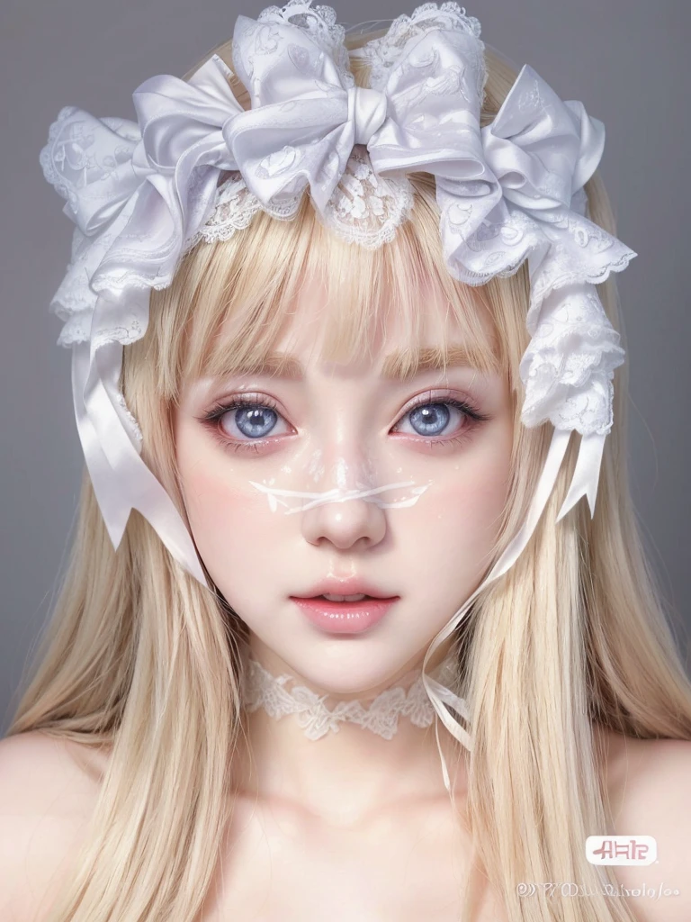 blonde girl with white lace and bow on her head, kawaii realistic portrait, detailed white eyes, hyper realistic anime, ahegao face, with white eyes, young pale ghost, pale porcelain white skin, photorealistic anime, ahegao, semi-realistic anime, porcelain white skin, ultra realistic sweet bunny, ethereal!!! ultra realistic, Awesome anime face portrait, Doll face