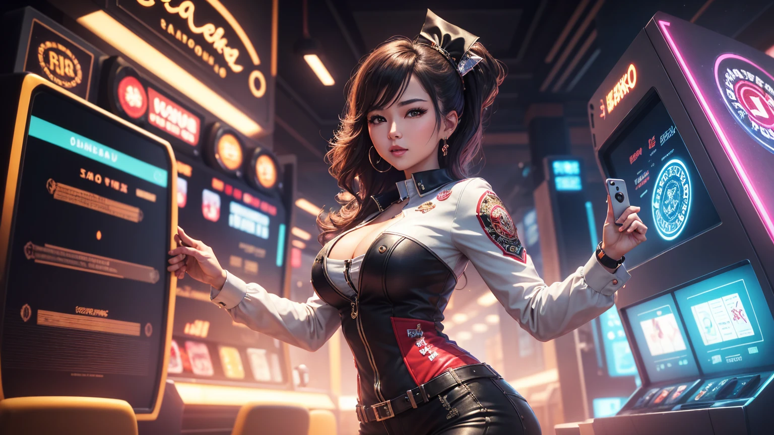 Online Pachinko on your smartphone, 4th generation slot screen, Excited female player, Vera John Casino logo, Digital Coins, Gorgeous background effects, Realistic 3D rendering, sexy