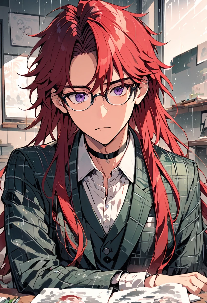 dark green plaid blazer, white button-up shirt, black choker, beutiful young man, solo, red hair, long hair, waist-length hair, fluffy hair, glasses, purple eyes, sitting at desk, monotone room, rainy day, high quality, amount of drawing, pixiv illustration