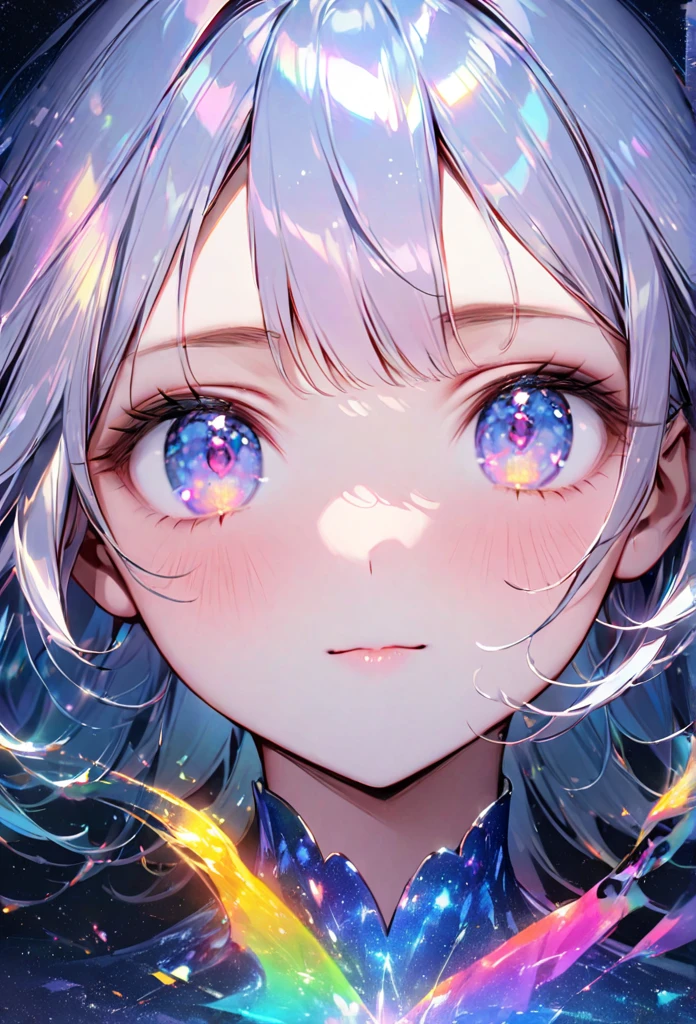 (Masterpiece,best quality,4k,8k,absurdres:1.2) "Create an illustration of a mystical character with long light-colored hair. The character is wearing a shiny, iridescent gown that reflects various colors. The background should be a celestial, starry sky transitioning into a vibrant rainbow spectrum, giving off an ethereal and magical vibe." Realistic:.25,dsmile:.25,((full body)),face_focus,eye_focus,defined eyes
