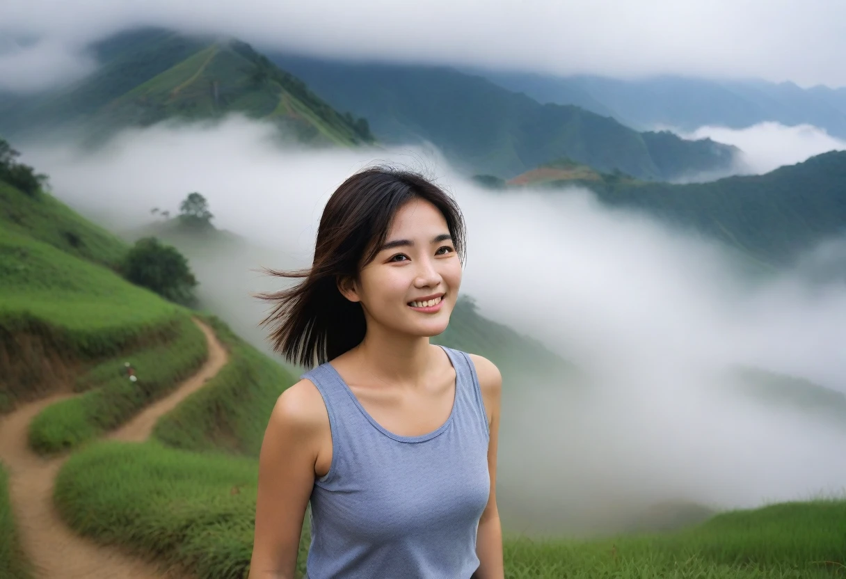 Beautiful Korean Woman, Chest size 34 inches, Wearing sleeveless and ??? pants, Foggy scenery of Sapa, Vietnam, I can see the trail, Short and medium hair blowing in the wind, Taken from a distance with a wide angle lens, Realistic living landscape, Front photo facing the camera, best picture quality, Short medium hair blowing in the wind, smile brightly, A thick fog obscures the front, Standing on a very narrow mountain path
