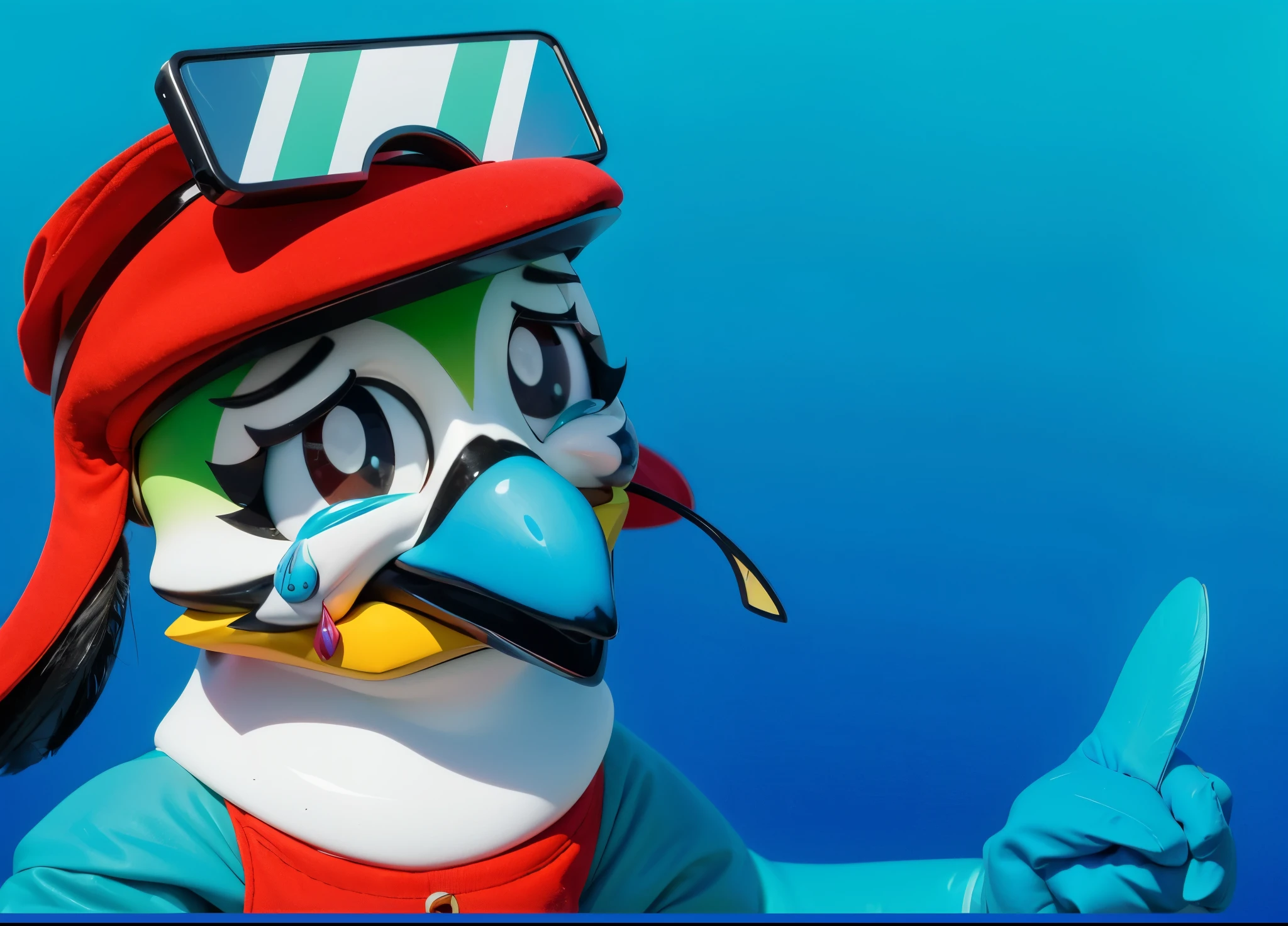 feather texture This image depicts a cartoon bird feather texture character against a gradient blue background. feather texture The bird has multicolored plumage with dominant green on its forehead, white on its neck, and a blue beak.feather texture It is wearing a red cap with a large visor and goggles with blue and whitefeather texture lenses, whichfeather texture are lifted onto its head. The feather texturebird's face shows large, expressive eyes with feather texturetears streaming down its cheeks, giving an feather textureimpression of sadness or sorrow. The character is dressed in a red vest that contrasts with its blue wings. The emotional expression and colorful appearance of the bird add vibrancy and charm to the image.glossy cutefeather texture