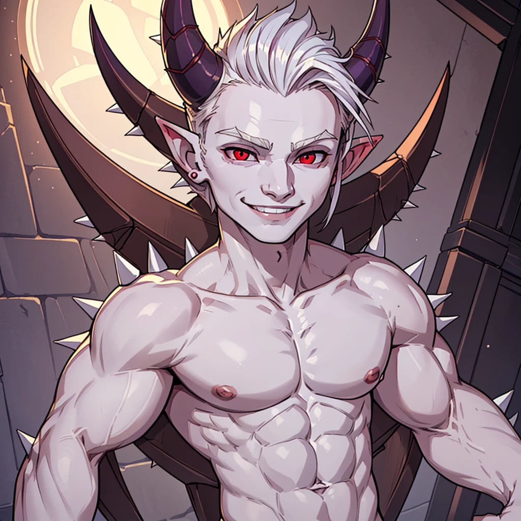 ((best quality)), ((masterpiece)), (detailed), (((Male imp))), (((white skin))), (((white skin))), standing, looking up at the viewer, (((red sclera))), purple eyes, two horns, ((smile)), (((half-lidded eyes))), (((half-lidded eyes))), (((perfect face))), (((symmetrical face))), ((pointy ears)), (((handsome and cute face))), (((only two pointy ears))), (((round face))), Nude, perfect eyes, (((youthful face))), (((18 years old))), ((short spiky har)), (((skinny))), (((solo))),