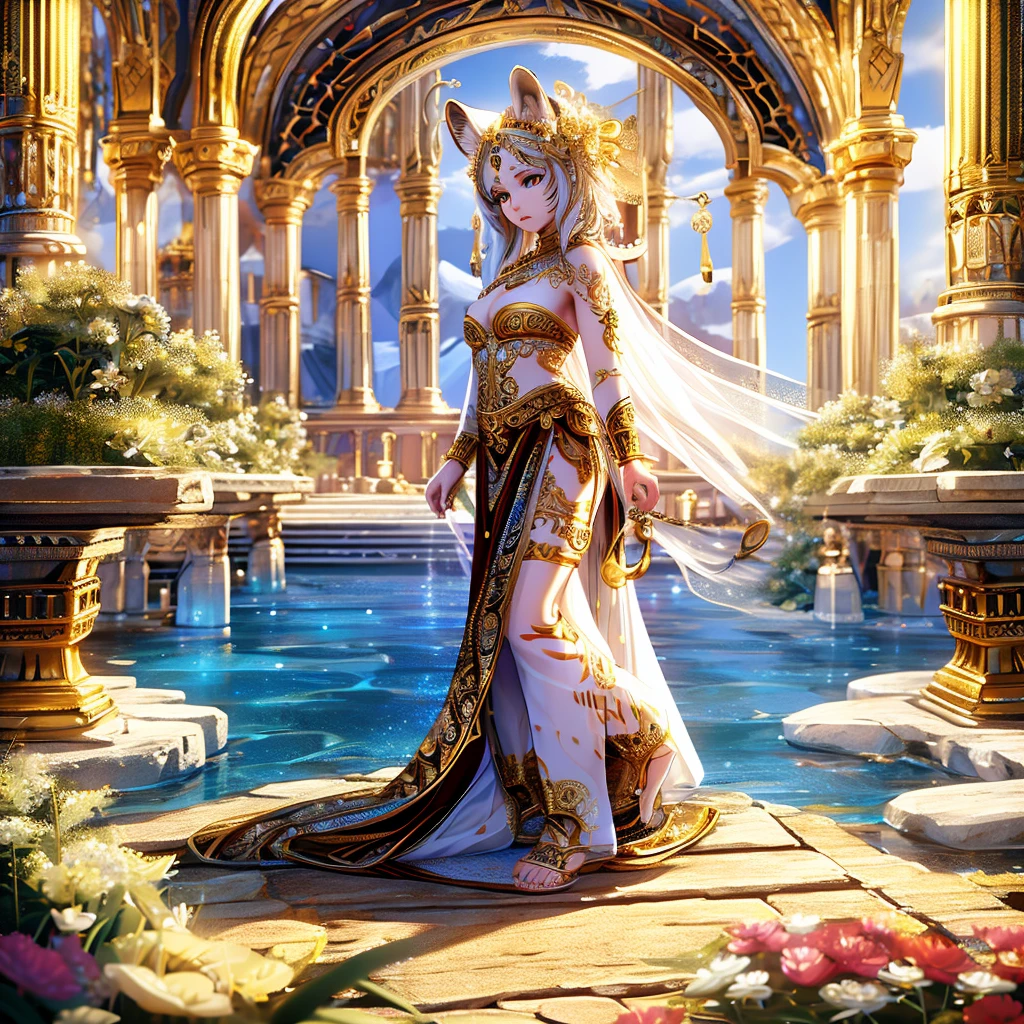 [intricate and detailed masterpiece of a goddess, realistic 4k image], the goddess is of human-feline race, she is adorned with intricate tiger tattoos, wearing a celestial outfit with gold embroidery , (accompanied by her faithful white tiger companion) in a heavenly place