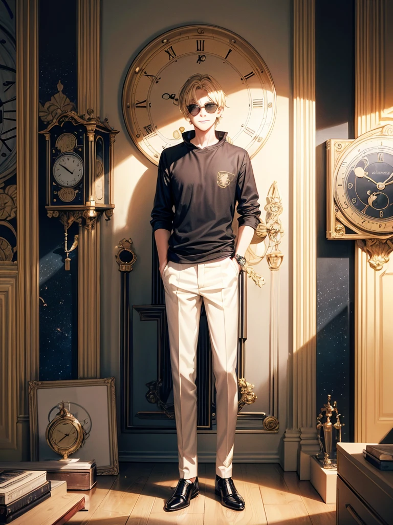 Highest quality,Highest Resolution,1Beautiful blonde boy in sunglasses,whole body,front,smile,(((Time is different100Wall Clocks))),Standing posture,Stand in front of a wall full of clocks,Stand with your back to the wall,Point slightly upwards,Spotlight,Space of Nothingness,