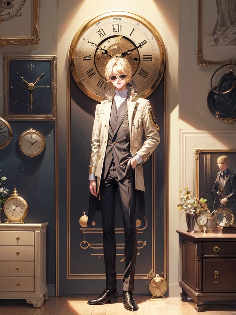 Highest quality,Highest Resolution,１Beautiful blonde boy in sunglasses,whole body,front,smile,(((Time is different１００Wall Clocks))),Standing posture,Stand in front of a wall full of clocks,Stand with your back to the wall,Point slightly upwards,Spotlight,Space of Nothingness,